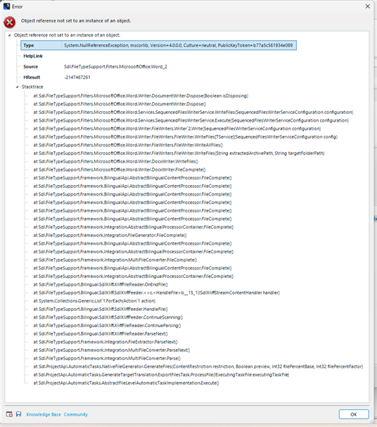 Detailed error message window in Trados Studio with a stack trace for the error 'Object reference not set to an instance of an object'.