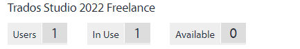 Trados Studio 2022 Freelance license status showing 1 user, 1 in use, and 0 available.
