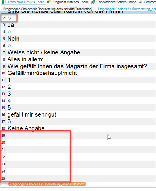 Trados Studio Editor view showing a list of segments with some empty source segments highlighted in red.
