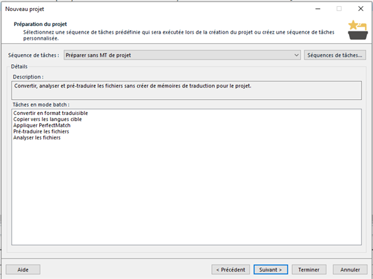 Screenshot of Trados Studio's 'New Project' window with 'Prepare without TM' option selected in task sequence.