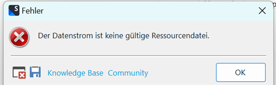 Error dialog box in Trados Studio with a message in German that translates to 'The data stream is not a valid resource file.' with options for Knowledge Base, Community, and an OK button.