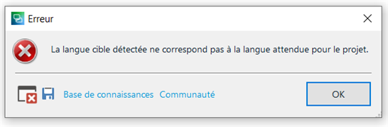 Error message in Trados Studio stating 'The detected target language does not match the expected language for the project.' with an OK button and links to Knowledge Base and Community.