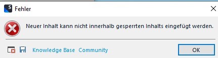 Error dialog box in Trados Studio with a red cross icon, titled 'Fehler'. The message in German reads 'Neuer Inhalt kann nicht innerhalb gesperrten Inhalts eingefugt werden.' with an 'OK' button.