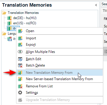 Trados Studio screenshot showing the Translation Memories section with a right-click context menu open and an arrow pointing to the 'New Translation Memory From' option.
