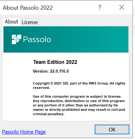 About Passolo 2022 window displaying version information and copyright notice for the software.