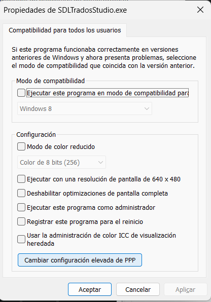 Compatibility settings for SDLTradosStudio.exe, with options for compatibility mode, reduced color mode, and high DPI settings for all users.
