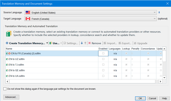 SDL Trados Studio Translation Memory and Document Settings window with source language set to English (United States) and target language set to French (Canada). A list of translation memories is shown, with 'EN to FR (Canada)' selected but marked as not applicable in the 'Enabled Languages' column.