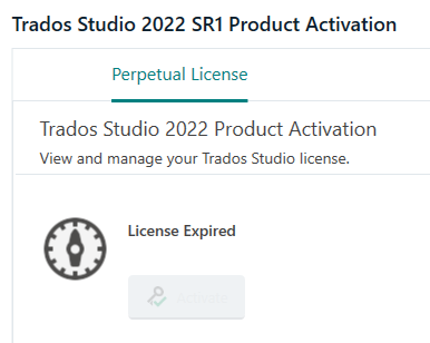 Screenshot of Trados Studio 2022 SR1 Product Activation window indicating a 'License Expired' status.