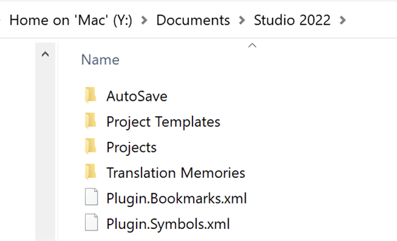 Screenshot showing Trados Studio 2022 folders AutoSave, Project Templates, Projects, Translation Memories, and files Plugin.Bookmarks.xml, Plugin.Symbols.xml located in the Mac Home directory.