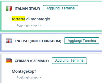 Trados Studio term base entry for 'torretta di montaggio' in Italian with a German translation (Montagekopf) and an option to add more translations.