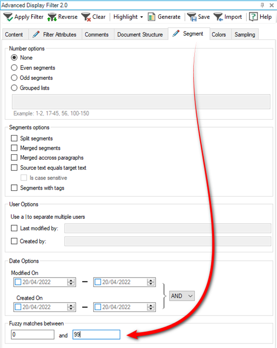 Advanced Display Filter window with 'Segment match' options and a red arrow pointing to 'Fuzzy matches between' set to 0 and 99.