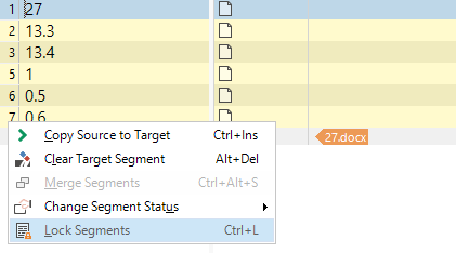 Context menu in Trados Studio showing options including 'Copy Source to Target' and 'Lock Segments' for a segment with the number 0.6.