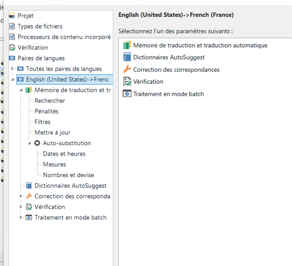 Trados Studio screenshot showing the Language Pairs settings with English (United States) to French (France) selected, but no specific Language Resources window visible.