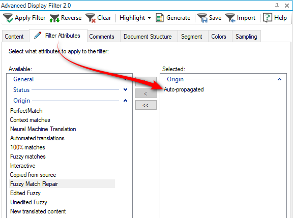 Advanced Display Filter window with 'Auto-propagated' selected under 'Origin' in the filter attributes section.