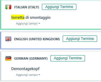 Trados Studio term base entry for 'torretta di smontaggio' in Italian with a German translation (Demontagekopf) and an option to add more translations.