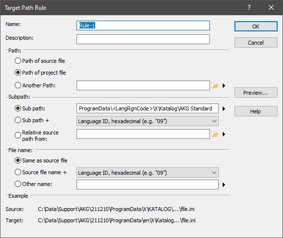 Screenshot of Trados Studio's Target Path Rule configuration window showing Rule-1 setup with options selected for subpath and file name based on language ID.