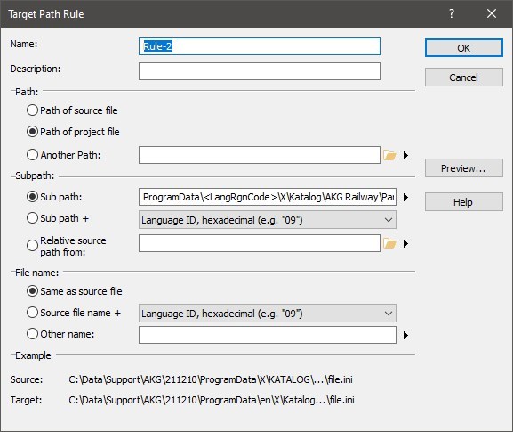 Screenshot of Trados Studio's Target Path Rule configuration window showing Rule-2 setup with different options selected for subpath and file name, also based on language ID.