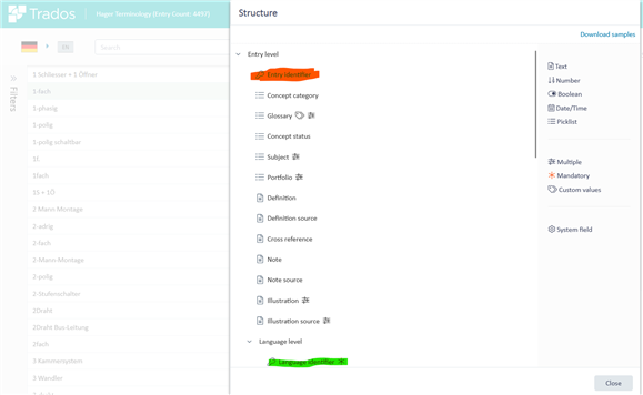 Screenshot of Trados Terminology software structure settings with a red circle around 'Entry identifier' and a green circle around 'Language level' in the list of entry-level fields.