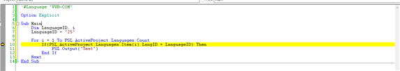 Screenshot of code in an IDE showing a VBScript with a 'For' loop and an 'If' statement comparing 'LanguageID' to a string.