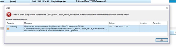 Error message in Trados Studio 2017 indicating failure to open a file with a warning about an unexpected error when detecting file type for a specific document path.