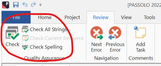 Trados Studio screenshot showing the 'Home' tab with options such as 'Check All Strings', 'Check Current Resource', and 'Check Spelling' under the 'Check' section circled in red.