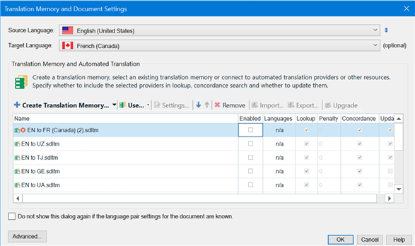 SDL Trados Translation Memory and Document Settings dialog box showing source language as English (United States) and target language as French (Canada). An 'x' icon indicates the 'EN to FR (Canada)' translation memory is not enabled.