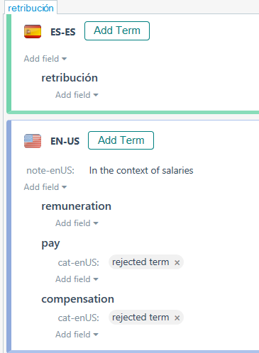 Screenshot of Trados Studio showing the 'Add Term' interface with fields for Spanish (ES-ES) term 'retribuci n' and English (EN-US) terms 'remuneration', 'pay', and 'compensation'. The English terms 'pay' and 'compensation' are marked as 'rejected term'.