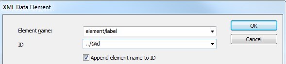 Trados Studio XML Data Element dialog box showing Element name dropdown with 'elementlabel' selected, ID field with '..@id' entered, and 'Append element name to ID' checkbox checked.