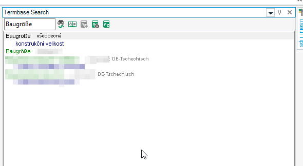 Close-up of the Termbase Search window in Trados Studio with terms found in the search but not displayed in the translation results.