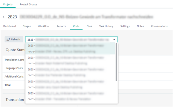 Screenshot of Trados Enterprise showing a dropdown list under the 'Costs' tab with project names preceding vendor options, making it difficult to find a specific vendor.