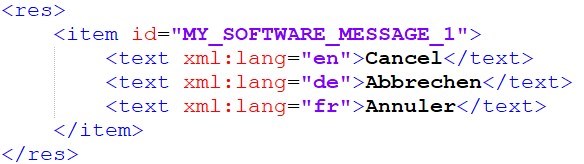 XML code snippet with translated language elements for 'Cancel' in English, German, and French.