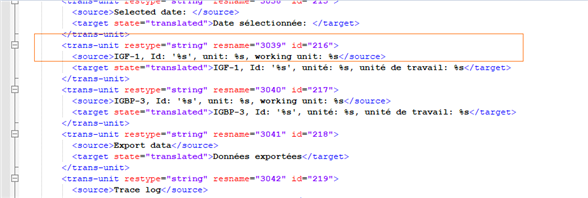 Screenshot of Trados Studio showing XLF code with highlighted ID216 for French translation.