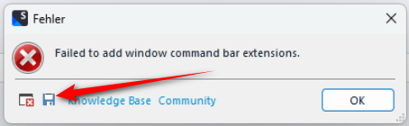 Error dialog box in Trados Studio with a red X icon, displaying the message 'Failed to add window command bar extensions.' with Knowledge Base and Community buttons below.