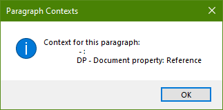 Screenshot of 'Paragraph Contexts' dialog box indicating the context for the paragraph as 'Document property: Reference'.