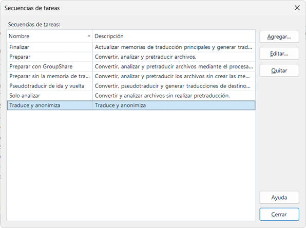 Trados Studio Batch Tasks dialog box showing a list of tasks such as Finalize, Prepare, and Translate and Anonymize with their descriptions in Spanish.