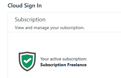 Cloud Sign In page displaying active subscription status as 'Subscription Freelance' with a green checkmark.