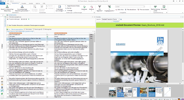 Screenshot of Trados Studio Ideas interface showing a document preview pane with the title 'one2edit Document Preview: Gears_Brochure_2018.indd' and a list of translation segments on the left side.