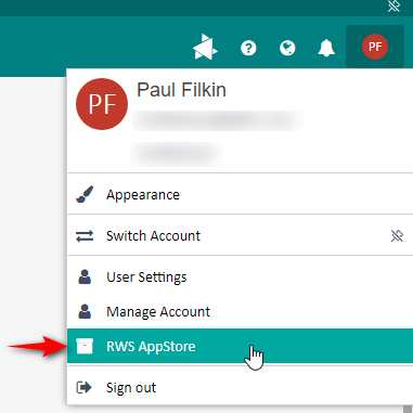 The image shows a screenshot of the Language Cloud drop-down menu in the top right corner of Language Cloud. The name 'Paul Filkin' is displayed at the top of the menu, indicating the user profile. Several options are listed below the profile name: 'Appearance', 'Switch Account', 'User Settings', 'Manage Account', 'RWS AppStore', and 'Sign out'. An arrow points to the 'RWS AppStore' option, suggesting that it is the item to be selected or noted.