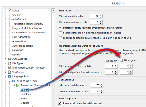 Trados Studio Options dialog showing Fragment Matching settings with checkboxes for enabling fragment matching in uplift and search options.