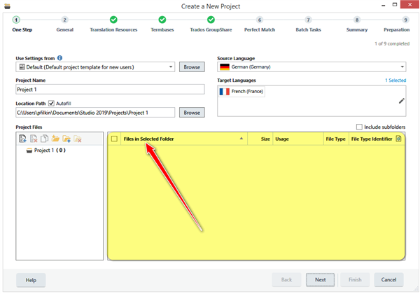 Trados Studio 'Create a New Project' window with an arrow pointing to an empty 'Files in Selected Folder' list.