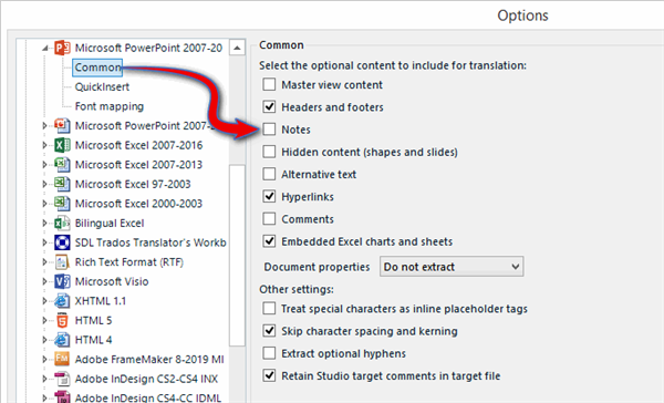 Trados Studio options menu with 'Microsoft PowerPoint 2007-2016' selected and a red arrow pointing to 'Notes' under 'Common' options.