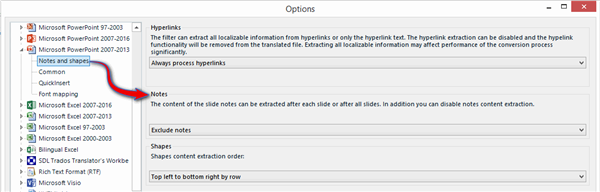 Close-up of Trados Studio options showing 'Notes' section with 'Always process hyperlinks' selected and 'Exclude notes' option visible.