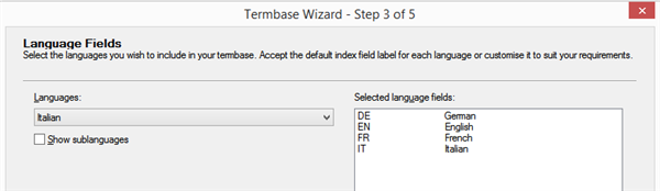 Screenshot of Trados Studio Termbase Wizard Step 3 of 5 showing language fields selection with Italian language added and German, English, French, Italian in selected language fields.