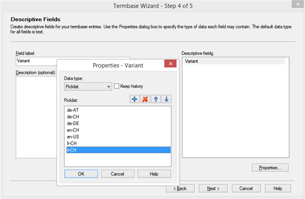 Screenshot of Trados Studio Termbase Wizard Step 4 of 5 showing the creation of a picklist for the Variant field with language variants like de-AT, de-CH, de-DE, en-US, en-CH, fr-CH highlighted.