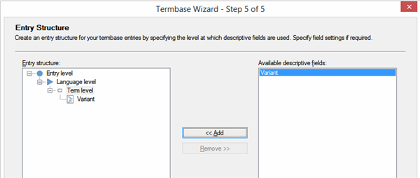 Screenshot of Trados Studio Termbase Wizard Step 5 of 5 showing the entry structure with Variant added under Term level in the language level entry structure.