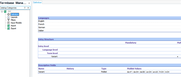 Screenshot of Trados Studio Termbase Management with the definition tab open showing languages, entry structure, and descriptive fields for Variant with picklist values.