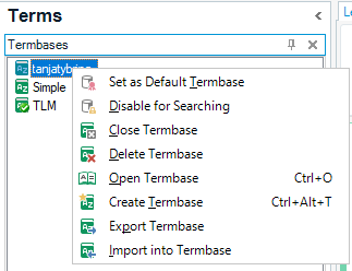 Screenshot of the first of three termbases selected with a right-click and the menu options displayed.