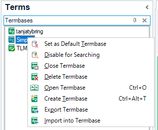 Screenshot of the second of three termbases selected with a right-click and the menu options displayed.