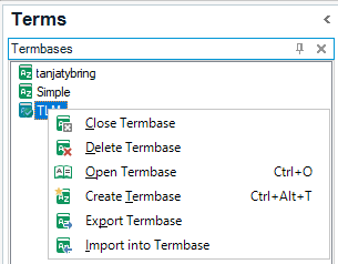 Screenshot of the last of three termbases selected with a right-click and the menu options displayed.