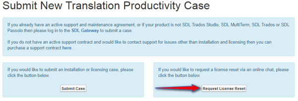 Screenshot of Trados Studio's 'Submit New Translation Productivity Case' page with options to 'Submit Case' or 'Request License Reset'.